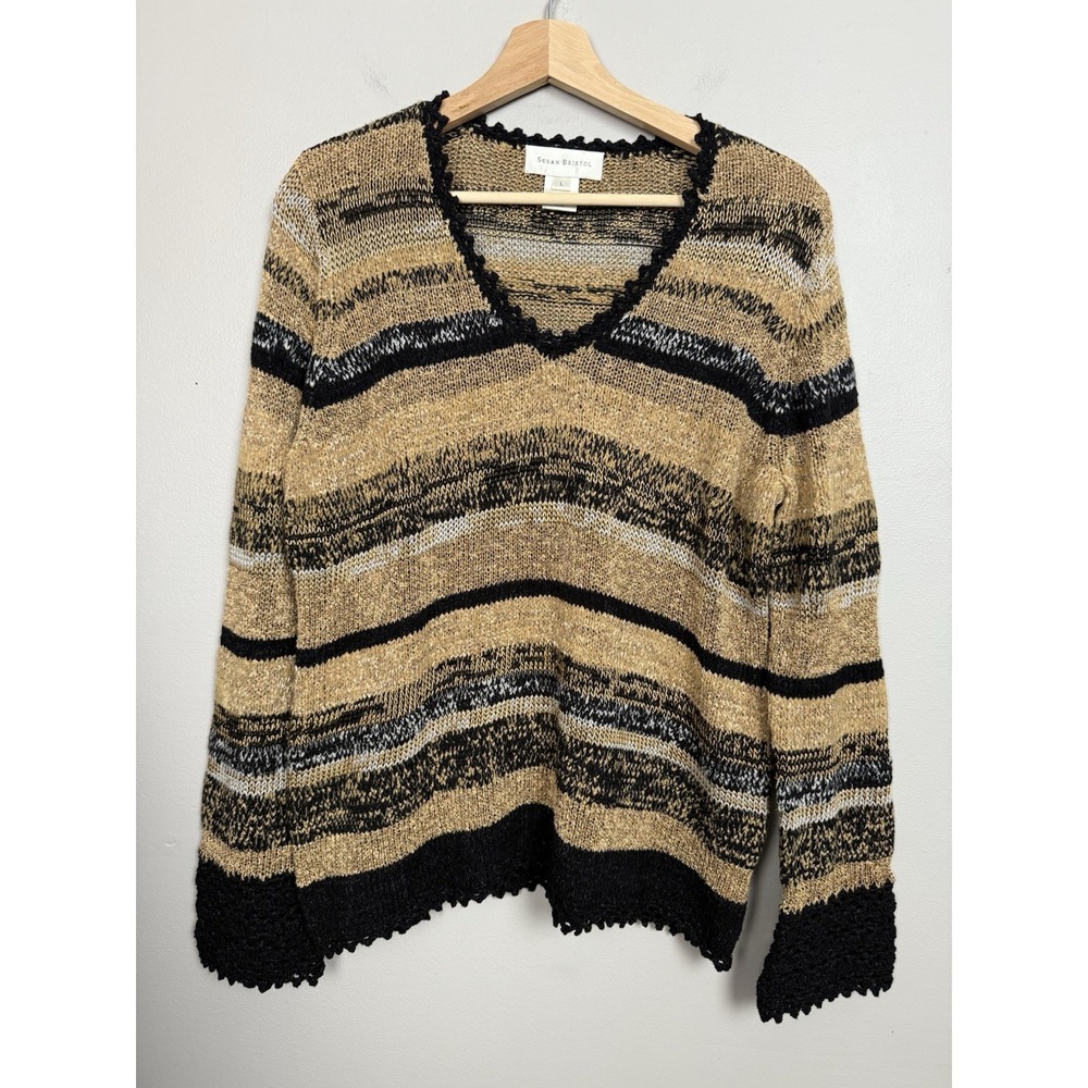 Vintage Susan Bristol V-neck Striped Sweater Crochet Trim Earth‎ Tone Whimsigoth